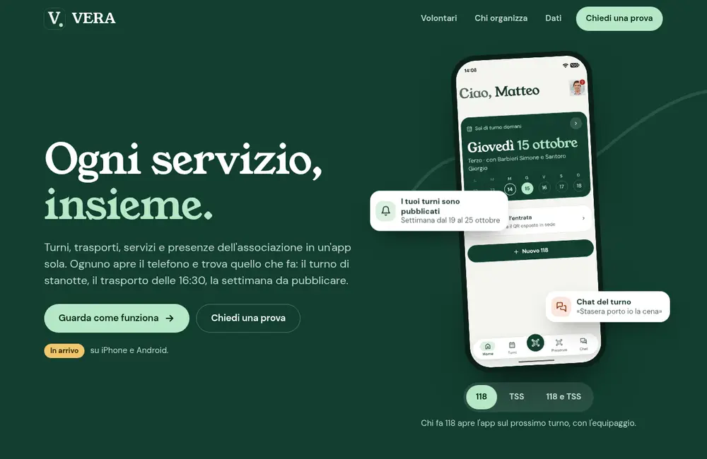 VERA landing page with the mobile app's home screen